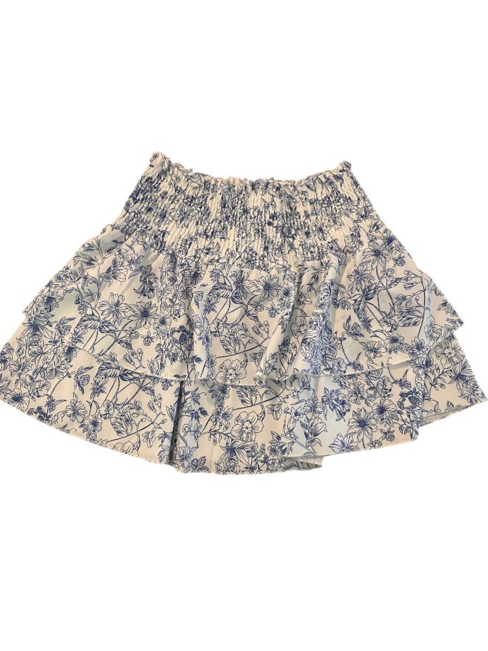 White and blue floral ruffled layered smocked skirt
